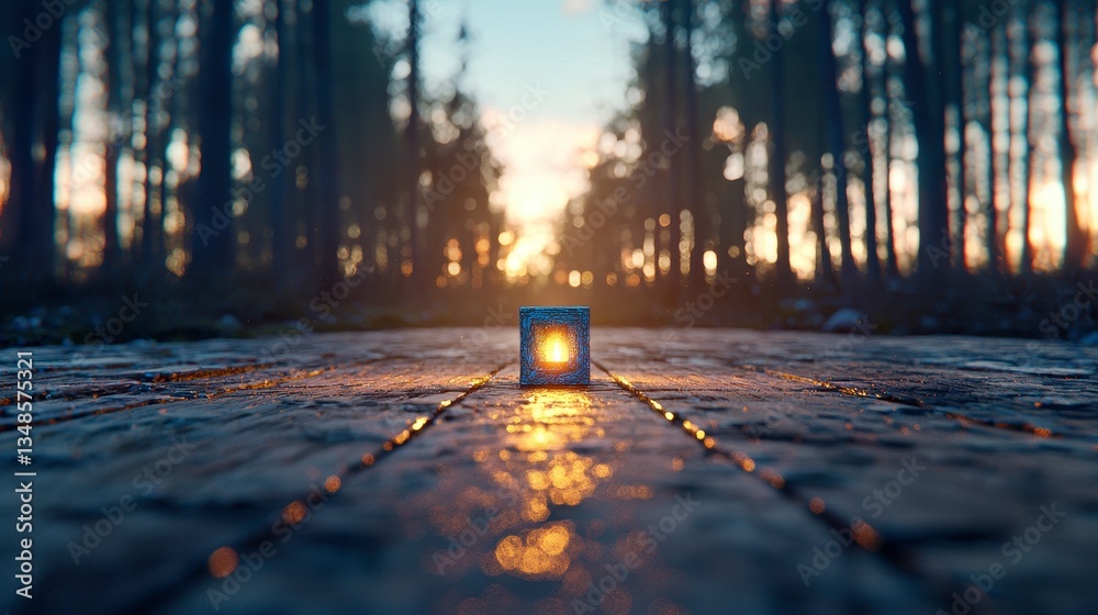 Fototapeta premium Glowing Blue Cube on Wet Stone Path at Sunset in Forest