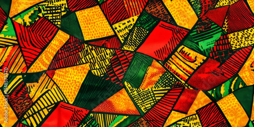 A vibrant African Ankara fabric texture background with bold geometric patterns in red, yellow, and green. The intricate, hand-dyed motifs add cultural depth, perfect for artisan fashion and ethnic