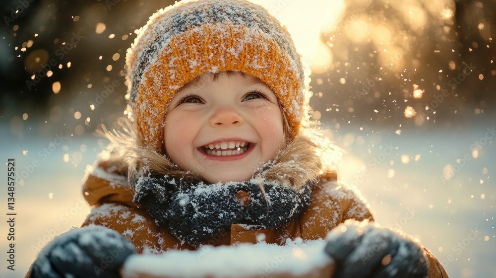 Joyful Child Sledding in Snow with Colorful Beanie and Cheerful Laughter Joyful Child Sledding in Snow with Colorful Beanie and Cheerful Laughter