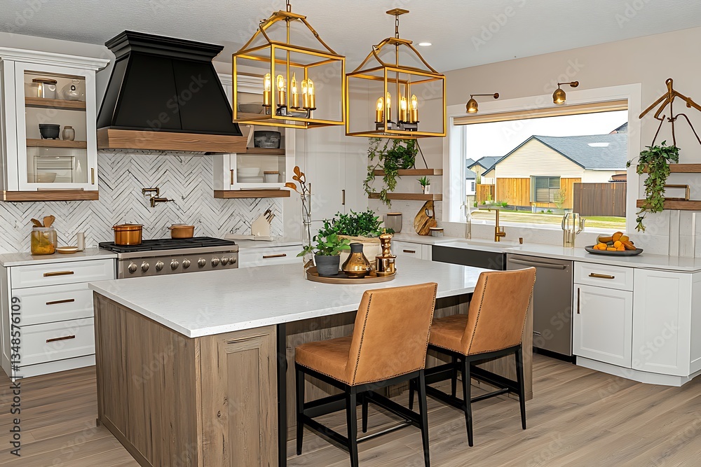 Fototapeta premium Modern kitchen interior with island, chairs, lighting, cabinets, and plants. Background houses. Use design