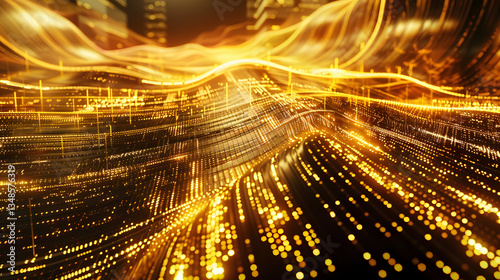 A gold-colored wave with a lot of dots on it. The dots are gold and the wave is very long