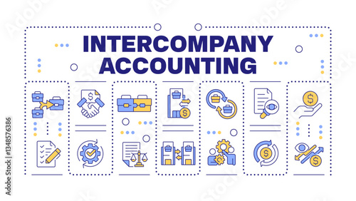 Intercompany accounting word concept isolated on white. Financial activity between entities. Creative illustration banner surrounded by editable line colorful icons. Hubot Sans font used