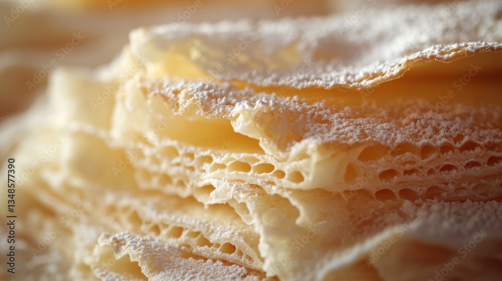 Stack of thin pancakes covered in powdered sugar. Close up view of crepes dessert. Sweet food with light and airy texture. Stack of thin pancakes covered in powdered sugar. Close up view of crepes dessert. Sweet food with light and airy texture.