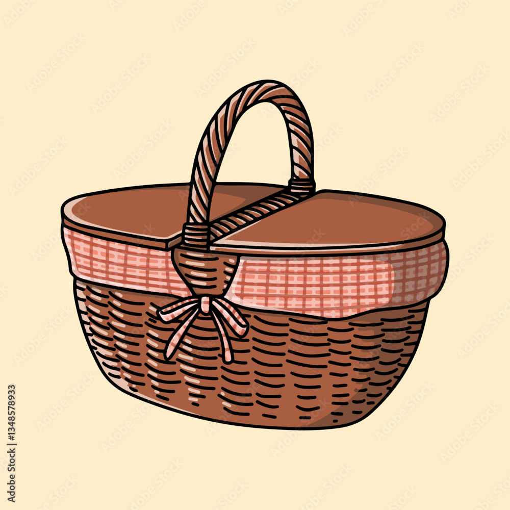 Fototapeta premium A classic woven basket with a handle, perfect for picnics and storage.