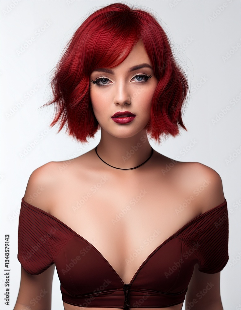 Fototapeta premium studio portrait of a red haired woman with short hair wearing a low cut dark red bordeaux dress with nude shoulders on a white background, fashion photography