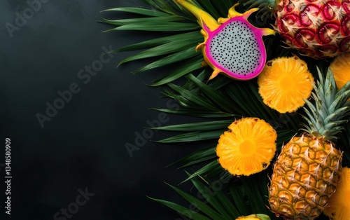 Seamless vibrant tropical fruit pattern featuring pineapples, dragon fruit, and mangosteen, bright exotic summer aesthetic