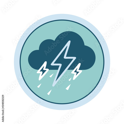 Stormy cloud with lightning and raindrops in blue tones