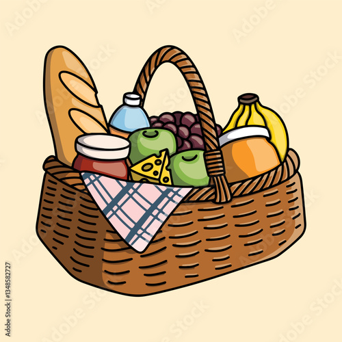 A delicious picnic basket filled with bread, cheese, fruits and milk