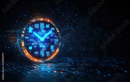 Digital Clock Transformation Pixelated Fragments Neon Blue Minimalist Technology Background