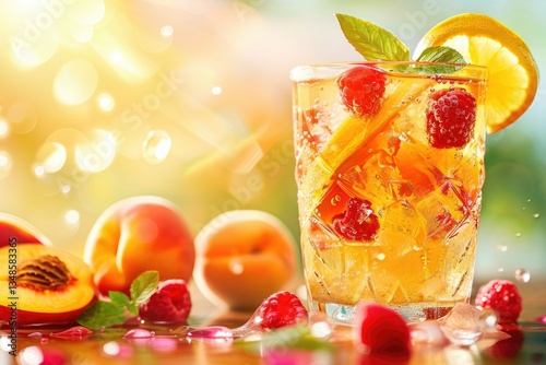Delicious Peach Lemonade with Soda Water and Raspberries Fresh Summer Ice Tea Cocktail