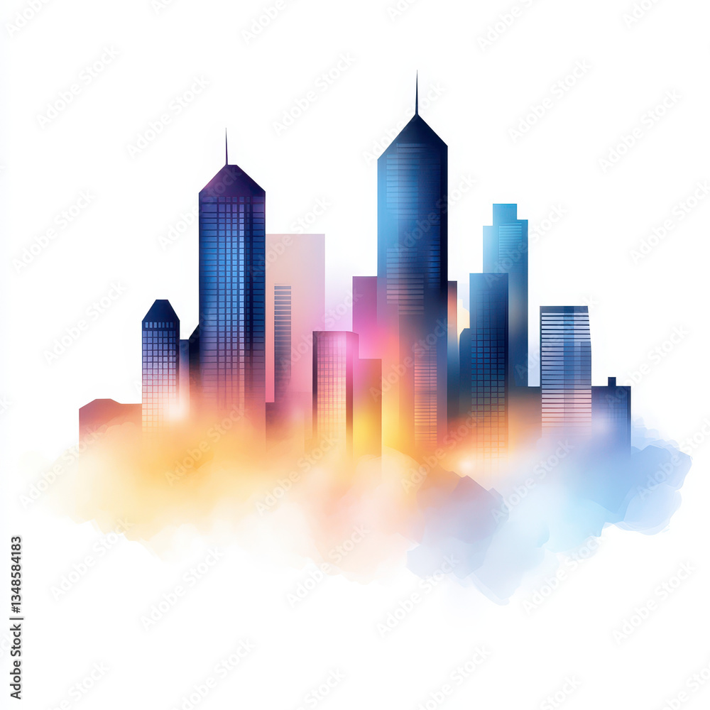 Fototapeta premium Vibrant Cityscape Silhouette with Colorful Fog and Light Effects