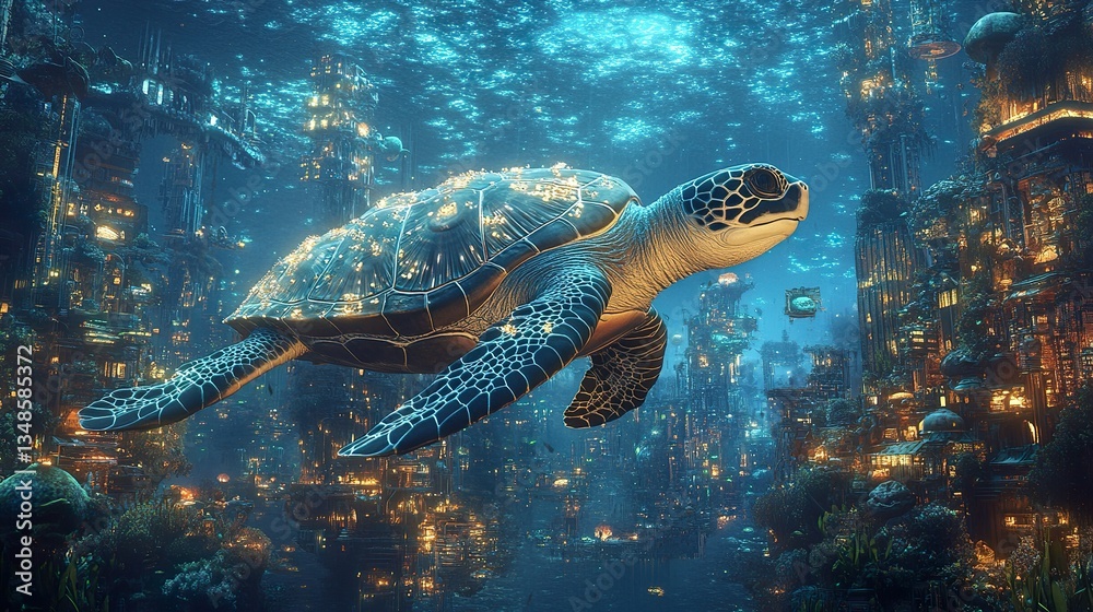 Fototapeta premium A beautiful sea turtle swims above an underwater city landscape