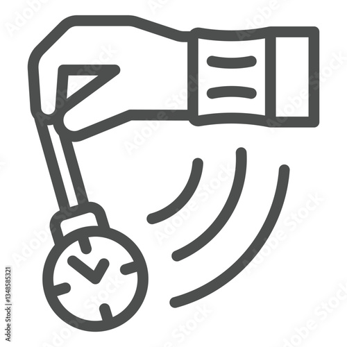 Psychologist pendulum clock in hand line icon, psychology concept. Vector graphics. Hand with swing clock on chain sign on white background, outline style icon for mobile or web design.