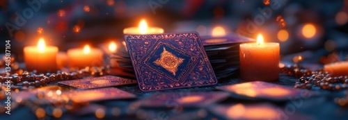 Tarot Card Reading with Candles and Mystic Beads in Purple and Orange Light