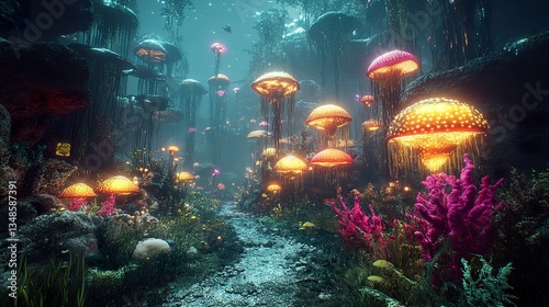Fototapeta Naklejka Na Ścianę i Meble -  An underwater scene featuring bioluminescent mushroom forests and coral