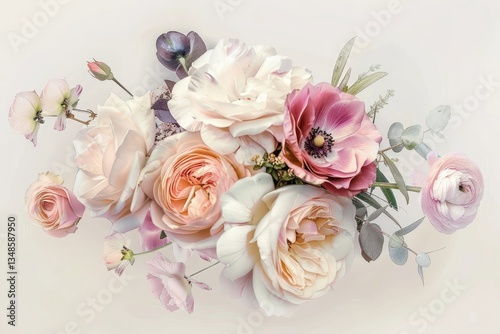 Beautiful Delicate Flower Bouquet with Roses, Ranunculuses, Eustomas and Carnations