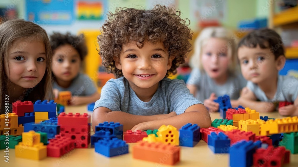 Children Playing with Colorful Building Blocks in Classroom Children Playing with Colorful Building Blocks in Classroom
