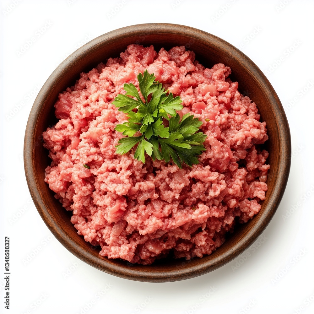 Fresh minced meat in a wooden bowl with parsley garnish. Fresh minced meat in a wooden bowl with parsley garnish.