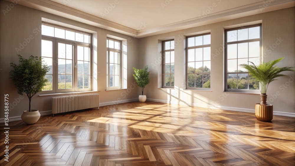 Fototapeta premium Sunlit Room with Hardwood Floors and Potted Plants