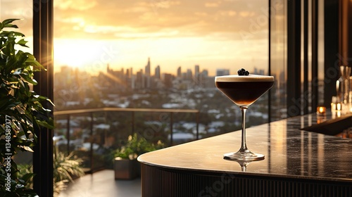 Elegant cocktail drink is displayed on a bar with cityscape views