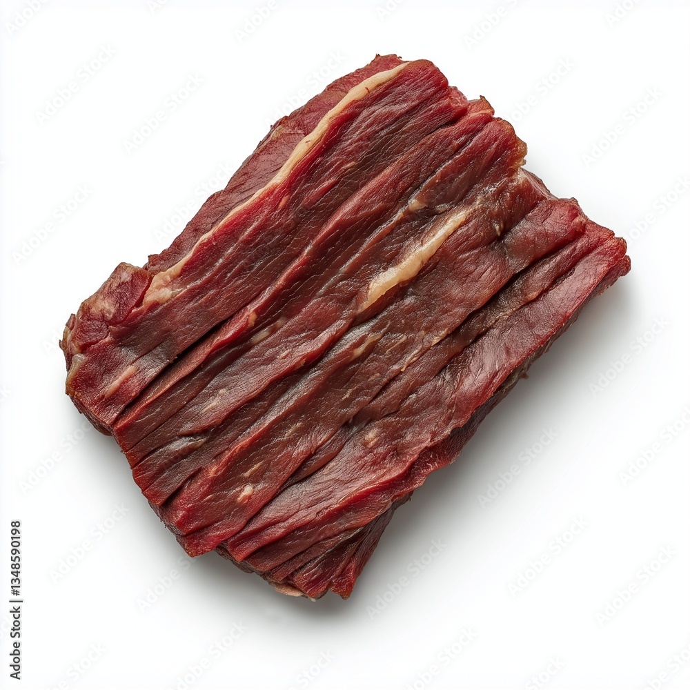 Fototapeta premium Dried beef jerky strips on a white background.