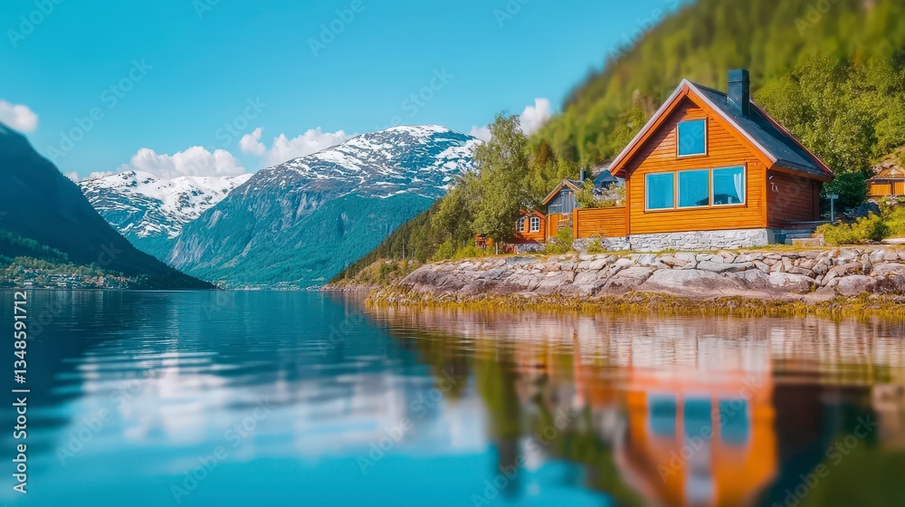 Fototapeta premium Scenic Fjord Cottage Norwegian Mountain Escape Tranquil Waters