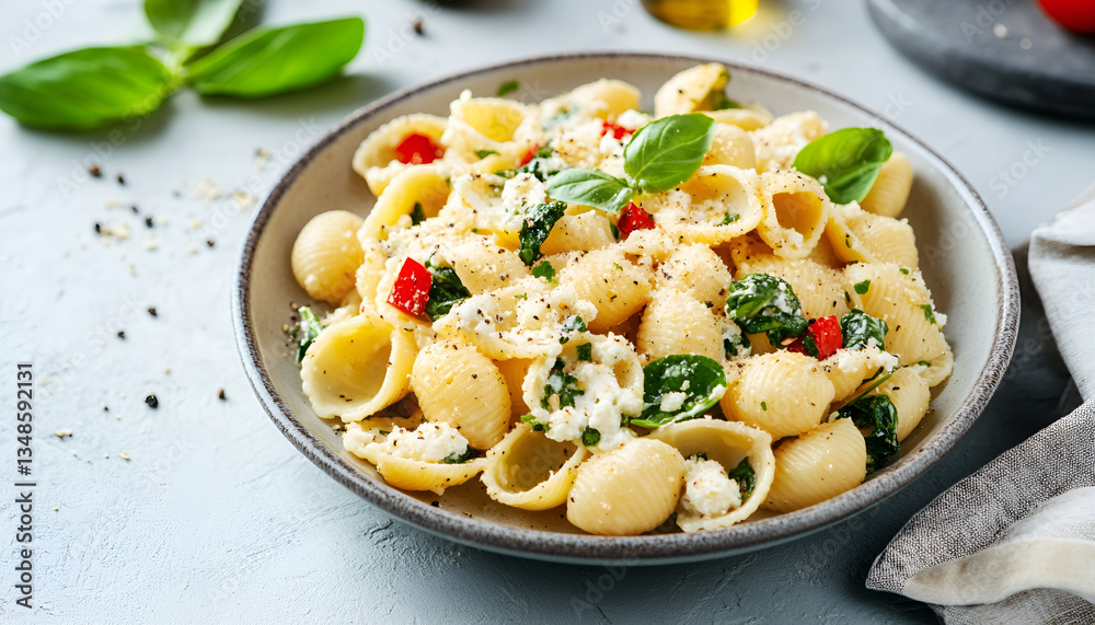 Delicious shell pasta with ricotta and spinach served on light gray table, close-up Delicious shell pasta with ricotta and spinach served on light gray table, close-up