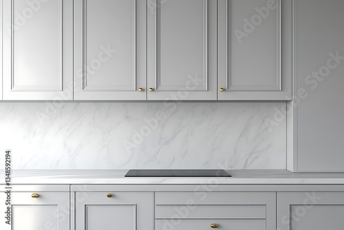 Modern kitchen interior design with gray cabinets, marble, and cooktop, for product use
