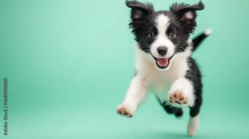 Fototapeta premium Adorable Border Collie Puppy Leaps, Happy, Playful, Cute, Energy