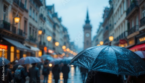 Pedestrians walking with umbrellas on a rainy day in a city center. The scene captures an overcast atmosphere with blurred streetlights and historic architecture in the background.