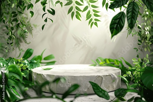 Detailed Color Image of Round Stone Podium Framed by Lush Green Leaves