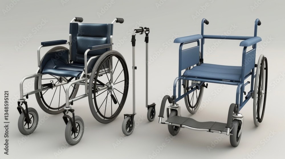 Fototapeta premium Accessible medical equipment streamlined 3d render of wheelchair, walker, and crutches