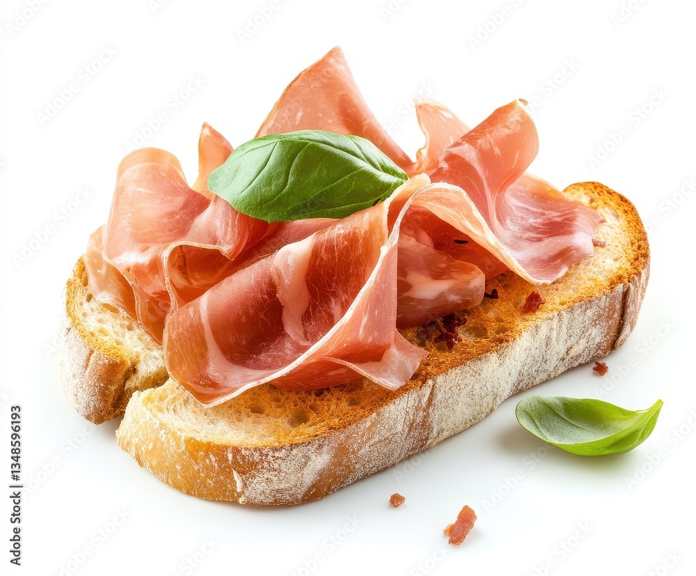 Freshly Sliced Ham on Toast with Basil Leaves Garnish, Isolated on White Background for Culinary and Gastronomic Use Freshly Sliced Ham on Toast with Basil Leaves Garnish, Isolated on White Background for Culinary and Gastronomic Use