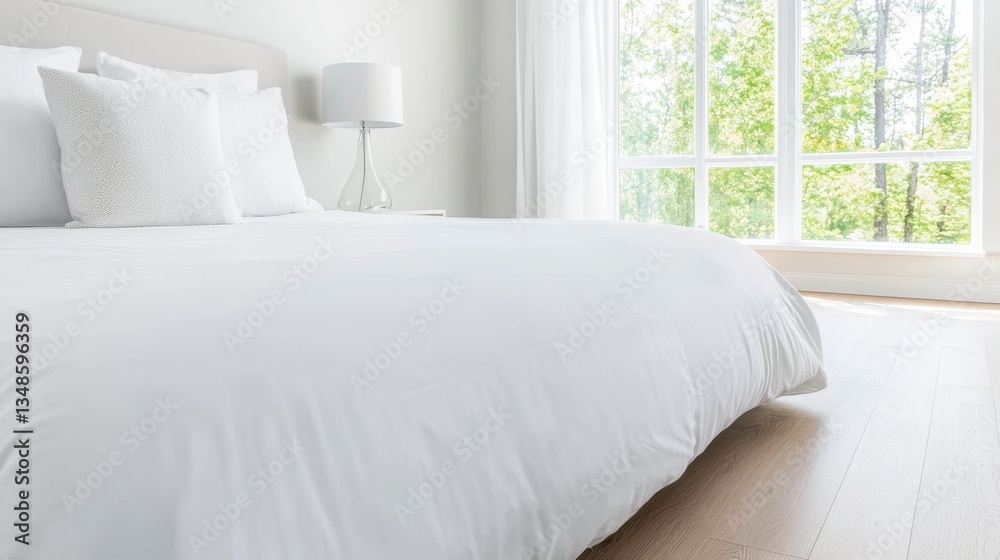 serene and simplistic bedroom featuring white bedspread, soft pillows, and lamp, with natural light streaming through large windows. serene and simplistic bedroom featuring white bedspread, soft pillows, and lamp, with natural light streaming through large windows.