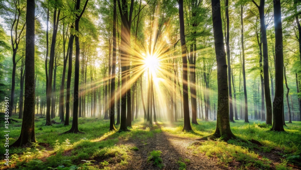 Obraz premium Sunbeams Through Forest Trees