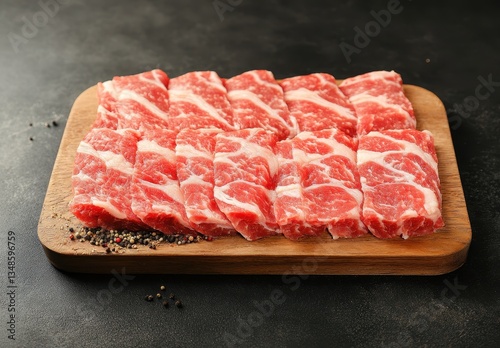 Freshly sliced marbled beef strips arranged neatly on a wooden cutting board with black background ideal for cooking and gourmet meal preparation