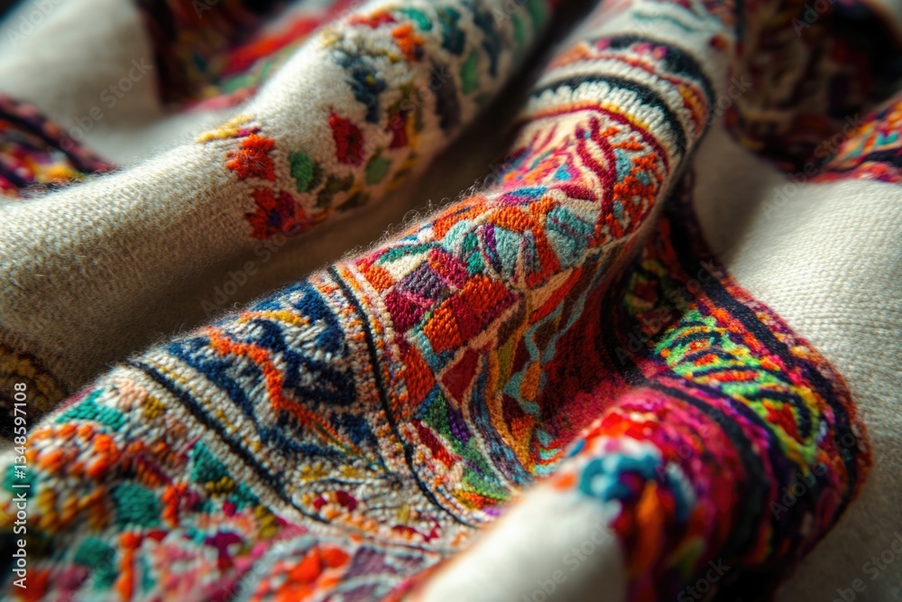 A close-up shot of a vibrant scarf lying on a bed, ideal for use in fashion or lifestyle contexts A close-up shot of a vibrant scarf lying on a bed, ideal for use in fashion or lifestyle contexts