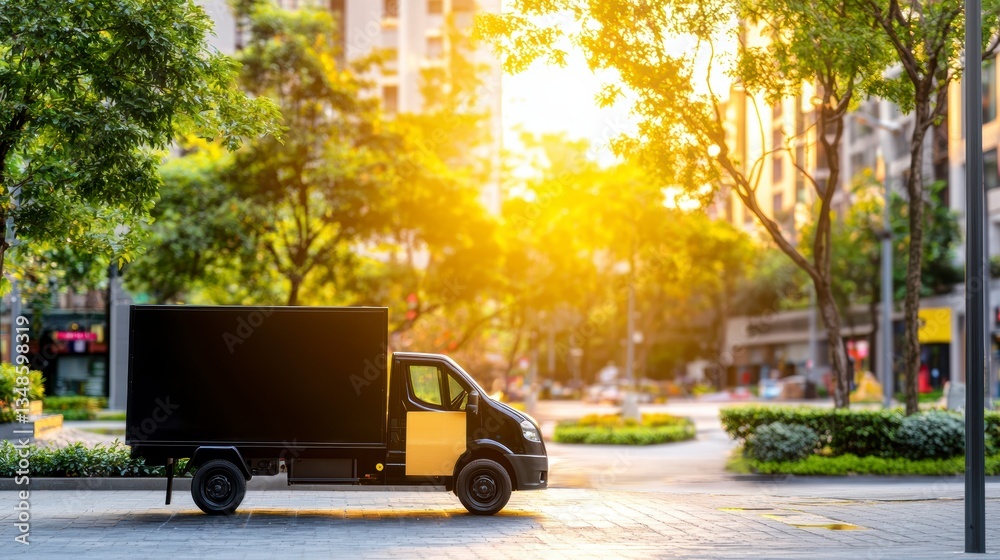 Obraz premium silhouetted delivery truck parked city street, surrounded by lush greenery and bathed warm sunlight, evokes sense of tranquility and urban life.