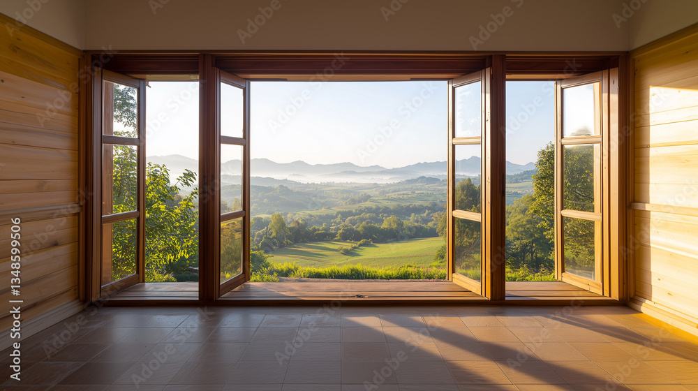 Fototapeta premium Wooden Windows Reveal Scenic Mountain Valley