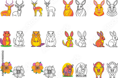 Colorful and Black and White Animal Illustrations Coloring Pages Featuring Antelope Marmot Rabbit and Ox