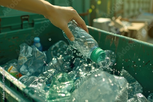 Detailed Image of Responsible Female Hand Recycling Plastic in Green Bin