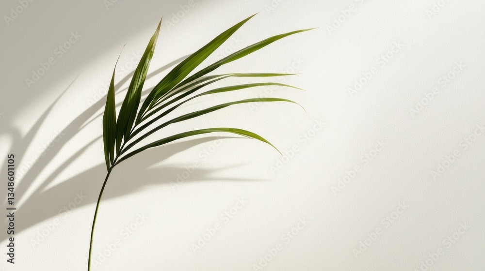 Fototapeta premium solitary palm leaf silhouette casts delicate shadow against soft, neutral background, evoking sense of tranquility and nature beauty. 