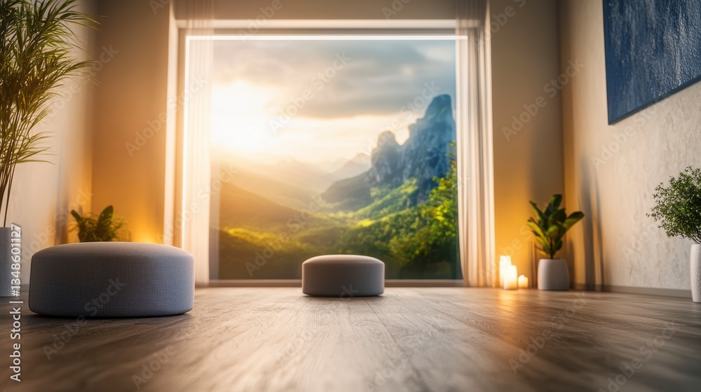 Fototapeta premium serene meditation space with soft lighting, natural elements, and breathtaking mountain view, promoting relaxation and mindfulness. 