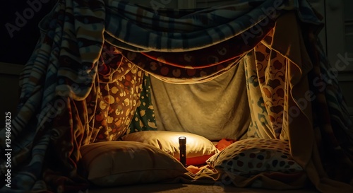 A homemade fort made of blankets and pillows, with a flashlight glowing inside.