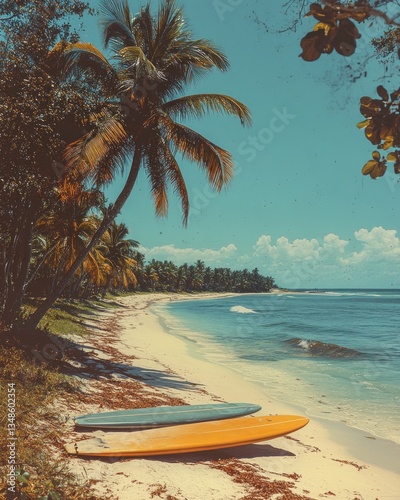 Vintage Beach Scene with Surfboards and Pastel Umbrellas for Summer Retro Banner Background