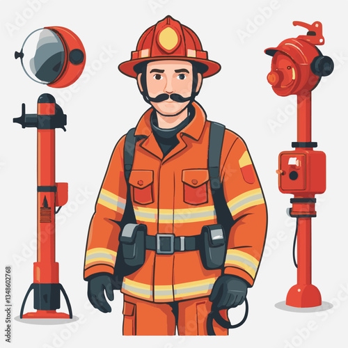 fireman, emergency, firefighter, safety, danger, fire, rescue, man, fighter, helmet, uniform, protection, red, service, equipment, background, hose, flame, extinguisher, burn, hero, job, water, work, 