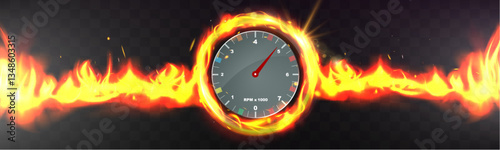 Speedometer with fire effect, fast acceleration, racing speed, glowing arrows, futuristic motion, fiery power, burning energy, digital performance.
