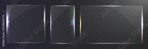 	
Transparent glass set with smooth edges, reflections, glare, and prismatic light effects. Various geometric shapes for UI, web, and graphic design.
