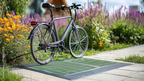 Fototapeta Naklejka Na Ścianę i Meble -  Eco-Friendly Bike Parking Station in Blooming Garden