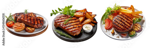 Grilled Steak Trio: Indulge in a mouthwatering trio of expertly grilled steaks, each presented with a unique combination of sides and garnishes, showcasing culinary artistry and the perfect meal.